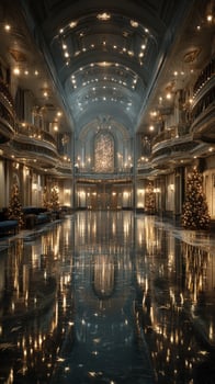 Elegant festive ballroom adorned with Christmas trees and reflections in a luxurious hotel during the holiday season photo