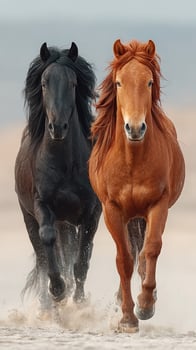 Stunning display of black and chestnut horses galloping in desert landscape during golden hour photo
