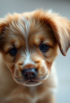 close up of a small brown and white puppy photo