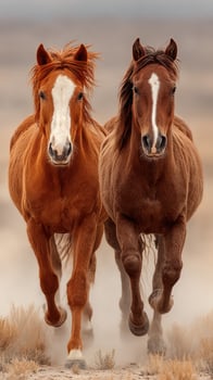 Two spirited horses galloping through a dusty plain under a cloudy sky in the late afternoon light photo