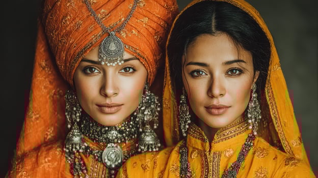 Two women in vibrant traditional attire with intricate jewelry and cultural hairstyles in a studio setting photo