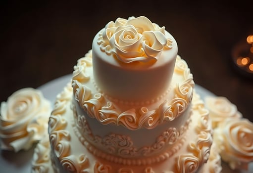 three tiered wedding cake with white frosting roses photo