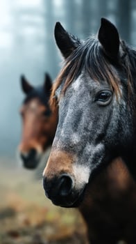 Horses standing in misty forest during early morning hours, showcasing their beauty and strength photo