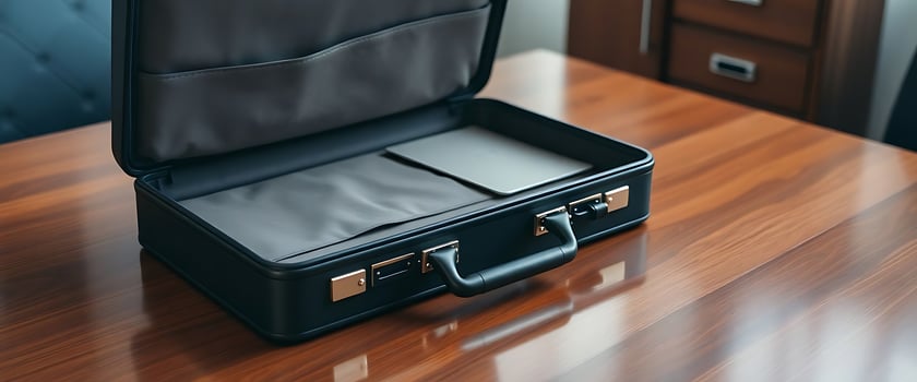 black suit case sitting on top of a wooden table photo