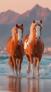 Horses gallop along the shoreline at sunset with mountains in the background near a coastal town photo