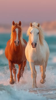 Horses run through shallow ocean water at sunset creating splashes with their hooves photo