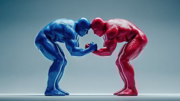 Two abstract figures in a wrestling match showing strength in red and blue colors photo