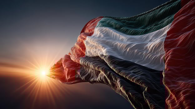Sudanese flag waving in the wind against a vibrant sunset sky highlighting national pride and unity photo