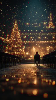 Evening reflection with festive lights and a solitary figure in a serene setting photo