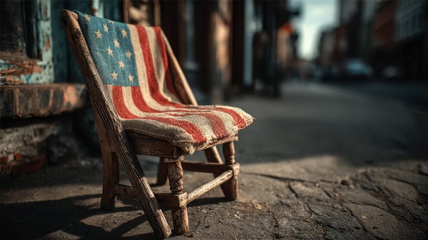Rustic chair with American flag fabric sits on city sidewalk during golden hour light photo