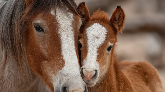 Mother horse and foal cuddle together in a serene natural setting during early morning light photo