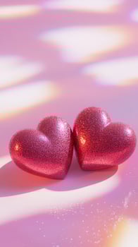 Two glittery red hearts sit closely soft on a together pink surface. The background features a subtle sparkle, enhancing the romantic theme photo