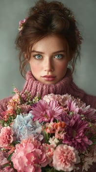 Woman with blue eyes and freckled skin holding a bouquet of colorful flowers indoors wearing a cozy sweater photo