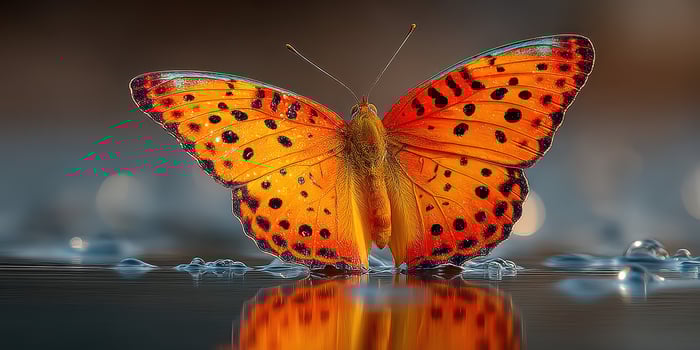 Colorful butterfly perched on water droplets in a serene natural setting during golden hour photo