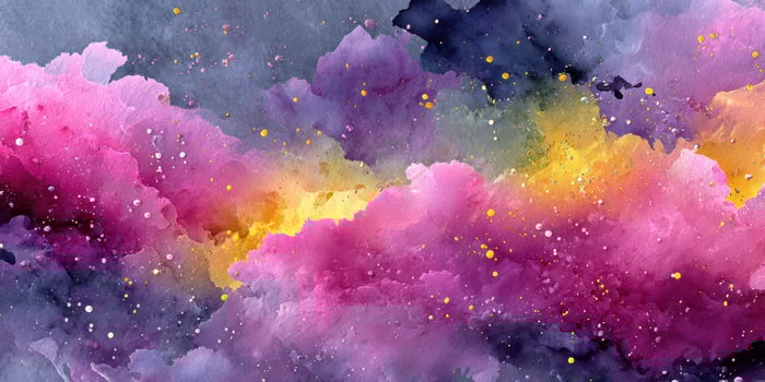 Vibrant watercolor artwork depicting a cosmic scene with swirling colors and textures in purple, pink, and gold tones photo