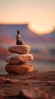 Balanced Stones With a Serene Figure During Sunrise in a Desert Landscape photo