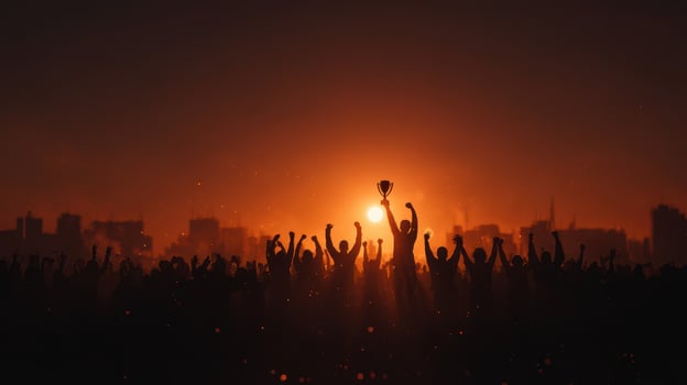 Excited crowd celebrates victory with trophy under sunset in urban landscape photo
