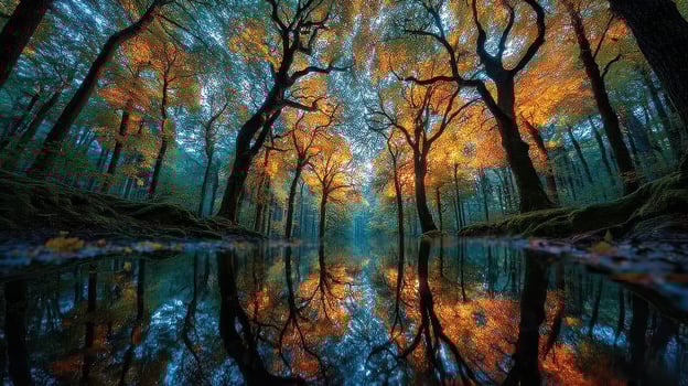Vibrant autumn forest reflecting in tranquil water as trees showcase colorful foliage during early morning light photo