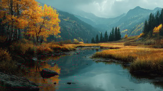 Autumn landscape with vibrant trees and a tranquil stream in the mountains during the golden hour photo