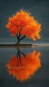 Vibrant orange tree reflects in calm water during autumn sunset at a serene lakeside photo