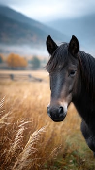 Close-up of a majestic dark horse in a golden field during a cloudy autumn day photo