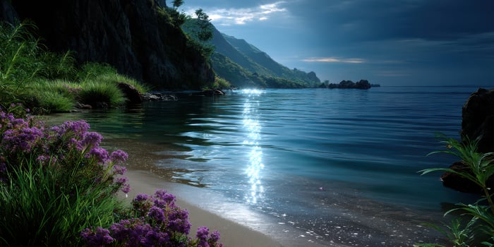 Serene lakeside view at dawn with gentle waves and blooming flowers along the shore photo