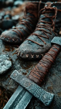 Historic boots and sword displayed on a stone background highlighting ancient craftsmanship and warrior culture photo