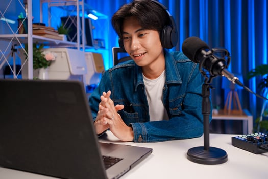 Podcast host speaking with confidence during livestream photo