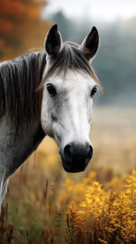 Gray horse gazes calmly in a field of golden grasses during the serene autumn afternoon light in a tranquil rural setting photo
