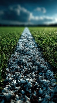 Grass field showing a white line leading towards a dark cloudy sky at dusk during a sporting event or practice session photo