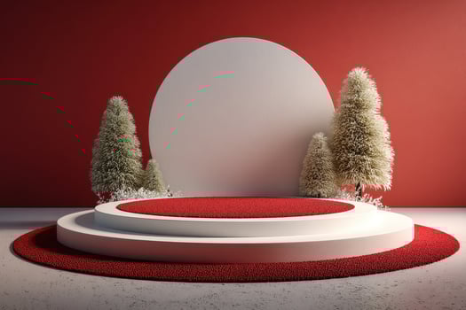 Modern presentation stage featuring circular backdrop, red carpet, and decorative trees in minimalist design photo