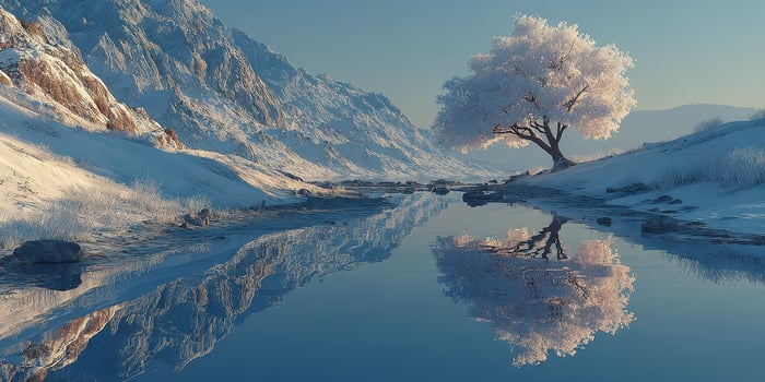 Crystal clear river reflects serene snow-covered landscape with a single frosted tree at dawn photo