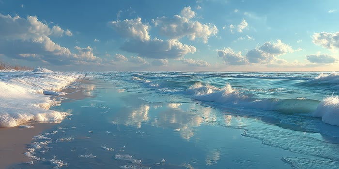 Calm ocean waves reflecting clouds at sunset on a serene beach with soft sand photo