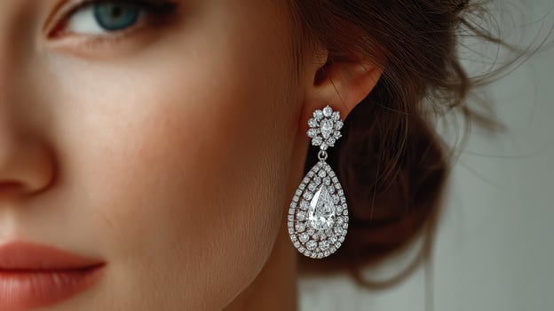 Elegant woman showcasing stunning diamond earrings in a close-up portrait at an indoor setting photo