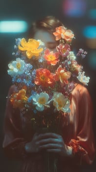 Vibrant bouquet of colorful flowers held by a person in a softly lit indoor setting photo