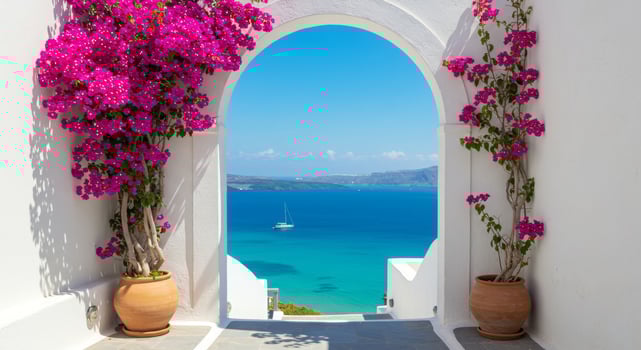 Stunning Aegean View Through a White Archway with Bougainvillea photo