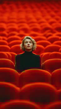 Woman sits alone in red theater seats, expressing contemplation in a vibrant and modern setting during an evening performance photo