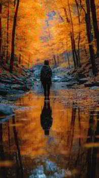 Beautiful autumn hike in a serene forest with vibrant orange foliage and calm water reflections photo