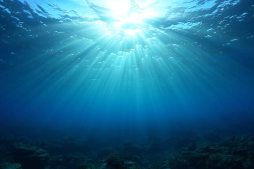 Nature Background Underwater Scene Sunbeams Illuminate Ocean Floor Deep Blue Water Coral Reef photo
