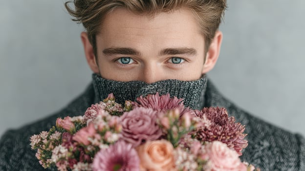 Young man holding a bouquet close to his face while wearing a cozy sweater in a soft, neutral setting photo