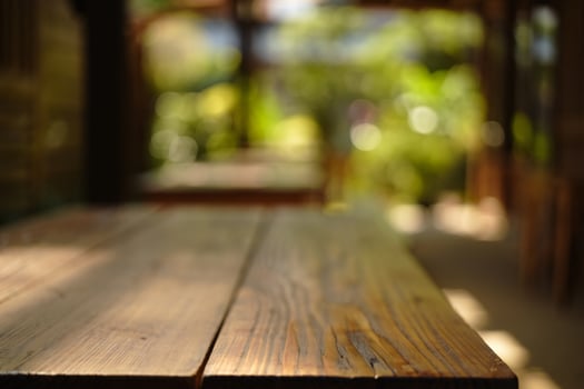 Nature Background Sunny Outdoor Wooden Tabletop Background Rustic Garden Setting Blurred Green Nature photo