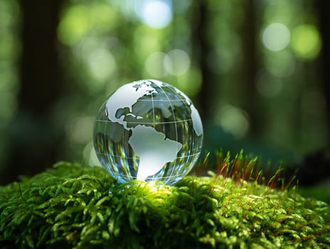 Nature Background Glass Globe on Moss Representing Environmental Conservation and Global Sustainability photo