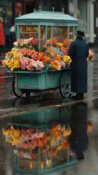 Flower vendor stands by vibrant cart on rainy street reflecting bright blooms in puddles photo