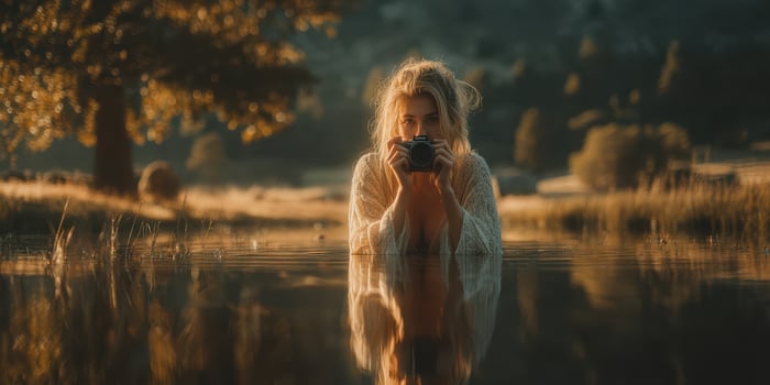Woman in shallow water holding camera during golden hour in peaceful natural setting near trees photo