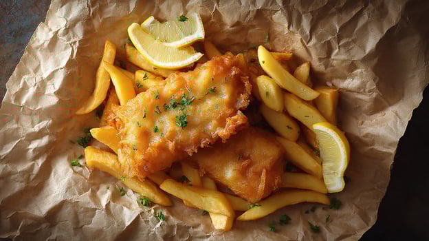 Fish and chips with lemon wedges photo