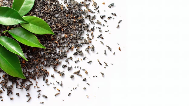 Green tea leaves and leaves on white background photo