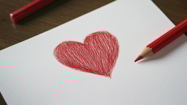 A red pencil is next to a red heart drawn on a piece of paper photo
