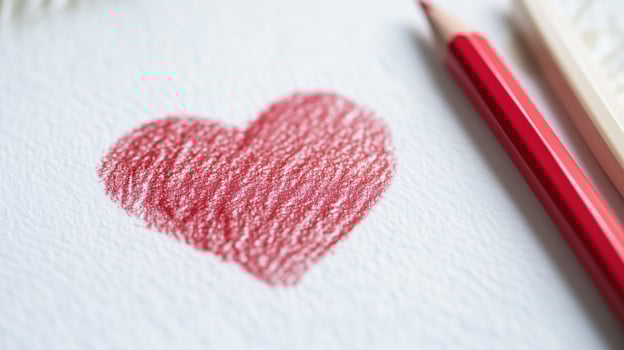A red heart drawn on a piece of paper with a pencil photo