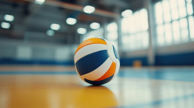 A Volleyball Rests On A Court In An Indoor Gymnasium Setting photo