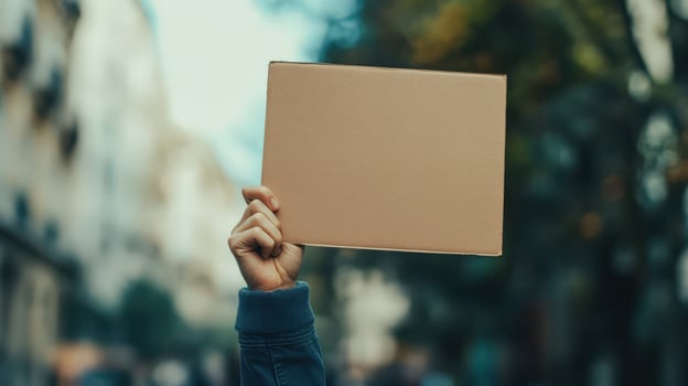 Blank protest sign held aloft in urban setting. photo